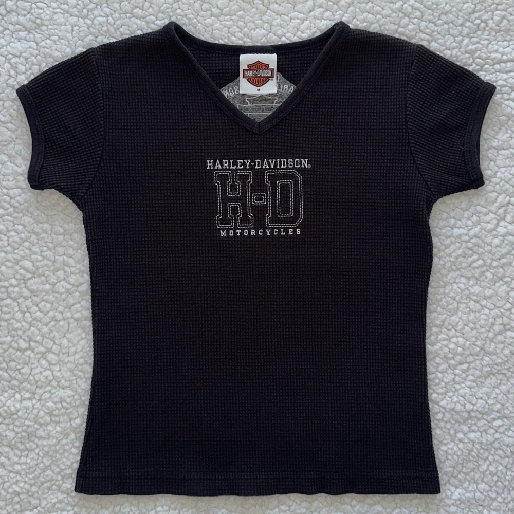 VTG Harley Davidson black baby tee crop top waffle weave Orlando, FL biker M